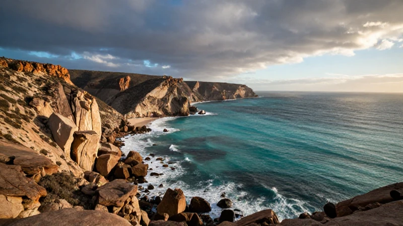 Costa dramática, océano turquesa, luz dorada