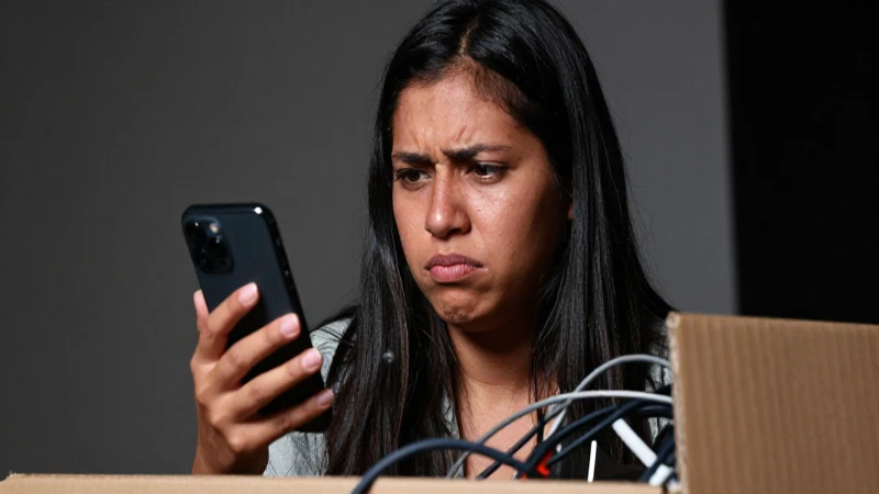 Mujer frustrada con teléfono y cables