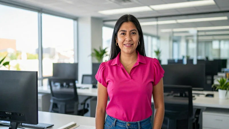 Persona mexicana irradia optimismo en oficina moderna