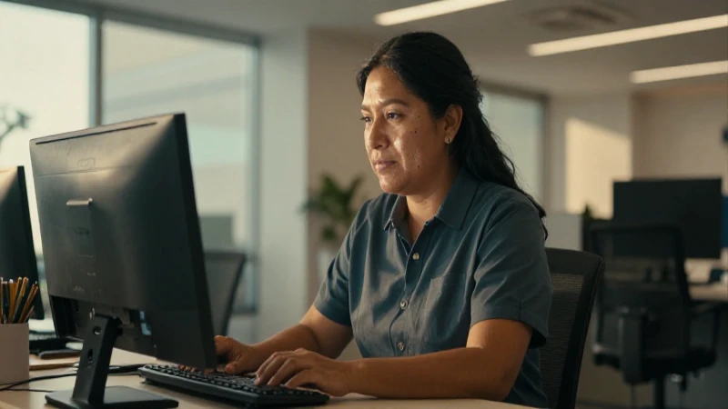 Mujer mestiza trabaja en oficina moderna