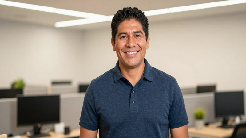 Hombre mestizo sonriente en oficina luminosa