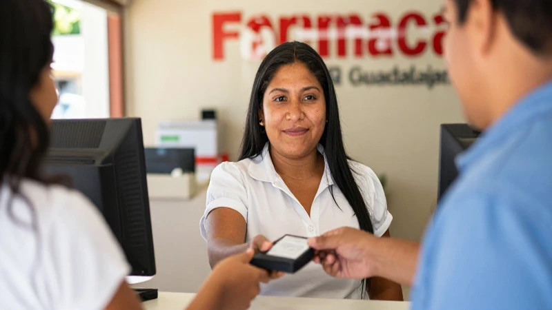 Transacción amigable en farmacia, luz cálida