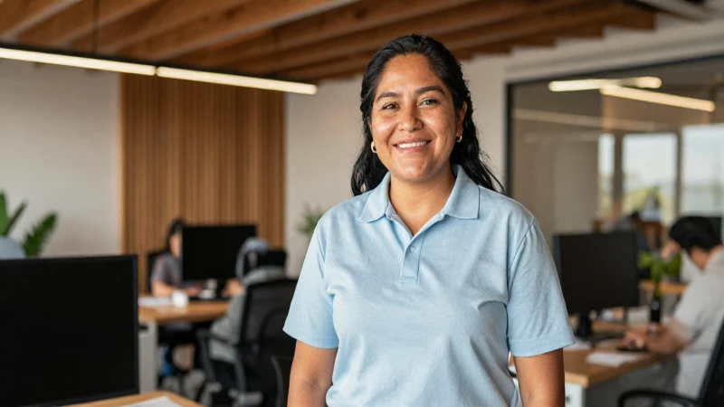 Empleado sonriente en oficina mexicana luminosa