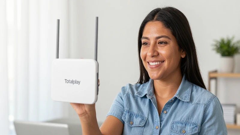 Cliente mestizo sonríe con el módem Totalplay