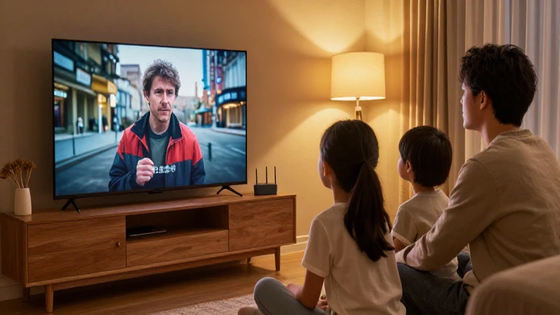 Familia en casa, ambiente cálido y televisión