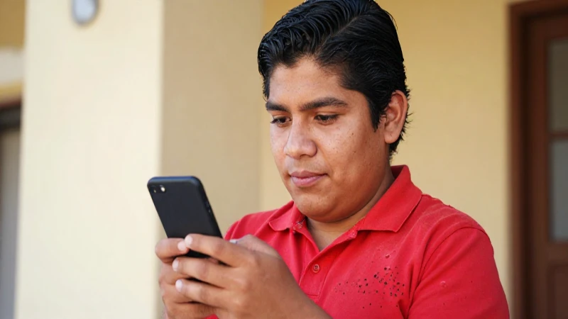 Joven mestiza sonríe usando su móvil
