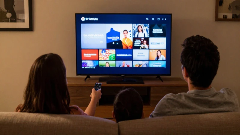 Familia ve televisión en casa, cálido ambiente