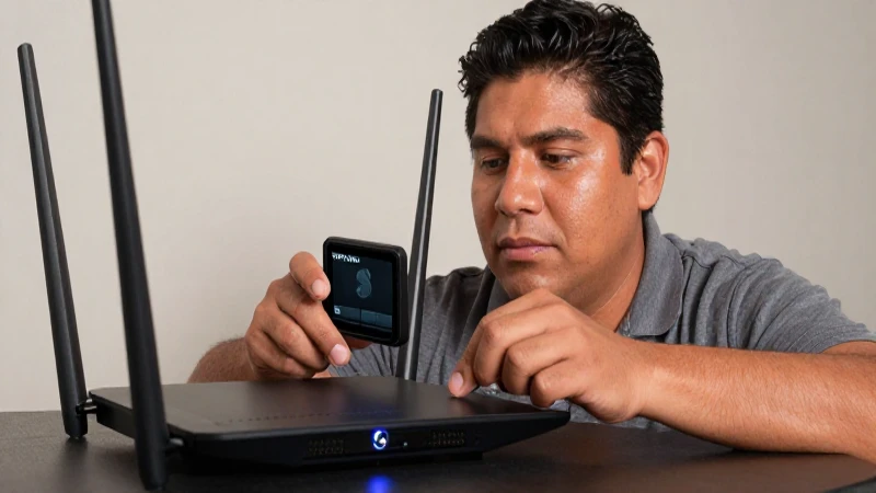 Cómo configurar un router TP-Link como repetidor de señal Wi-Fi 6 Router TP-Link configurando, persona morena bajo luz tenue