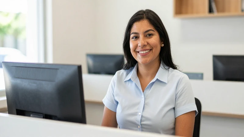 Joven sonriente atendiendo en un banco moderno