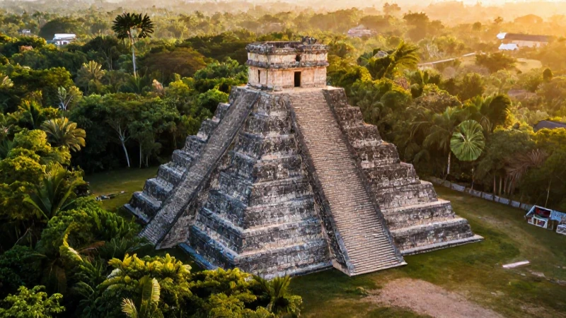 Pirámide maya, selva vibrante, luz dorada