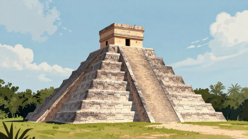 Ilustración yucateca: pirámide maya con luz natural