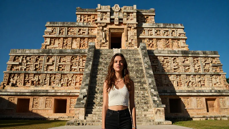 Joven en ruinas mayas, iluminación dramática