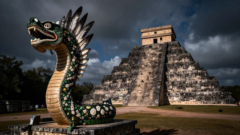 Quetzalcóatl emerge de una pirámide azteca