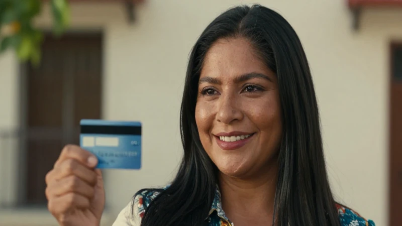 Mujer mestiza sonríe sosteniendo su tarjeta bancaria