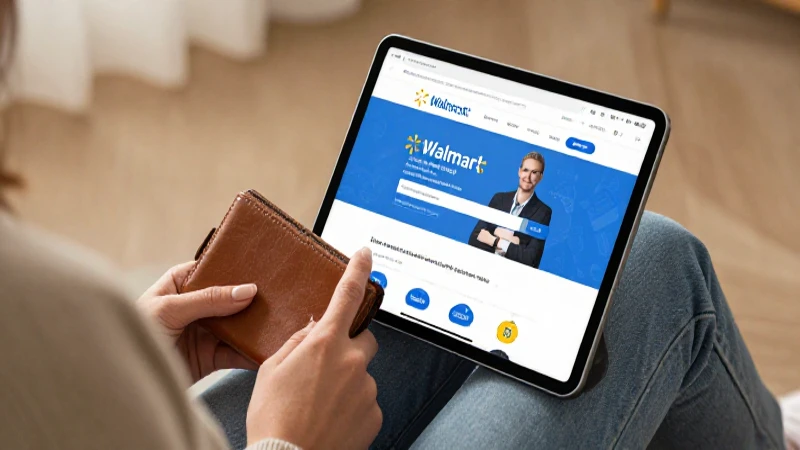 Mujer sostiene monedero, página de Walmart en tablet