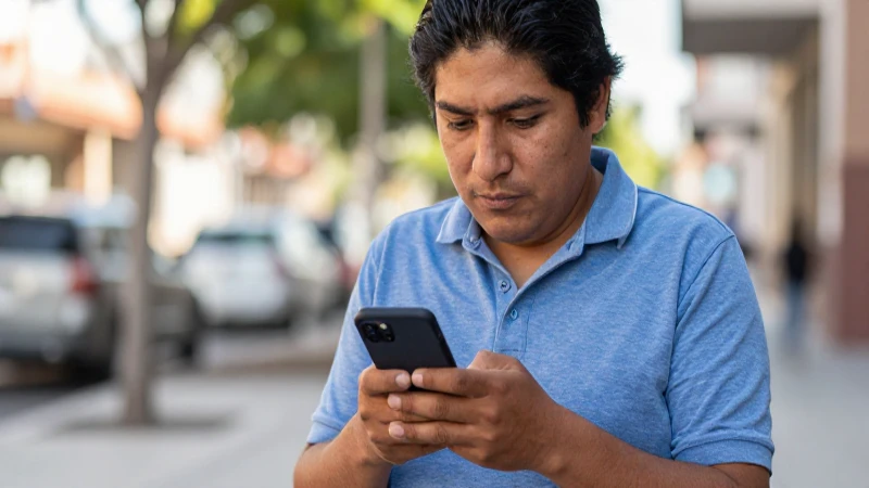 Mujer mestiza revisa el móvil en la calle