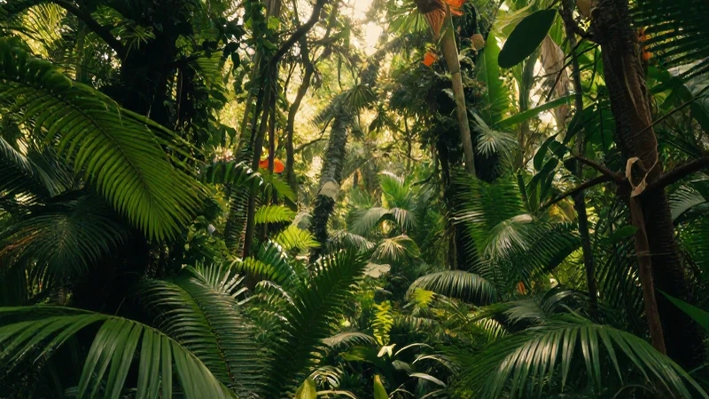 Selva exuberante, luz cálida y detallada