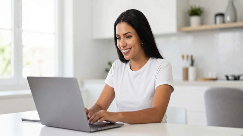 Mujer mestiza sonriente usando un portátil