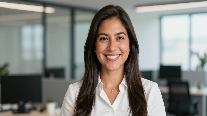 Mujer mestiza sonríe en oficina moderna