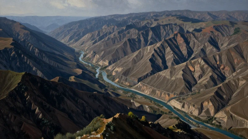 Pintura realista de paisaje montañoso y fluvial