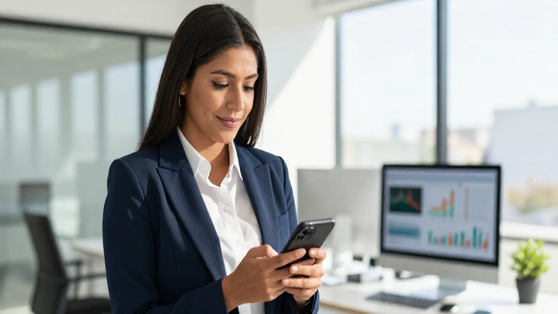 Profesional mexicana, smartphone, oficina moderna y brillante