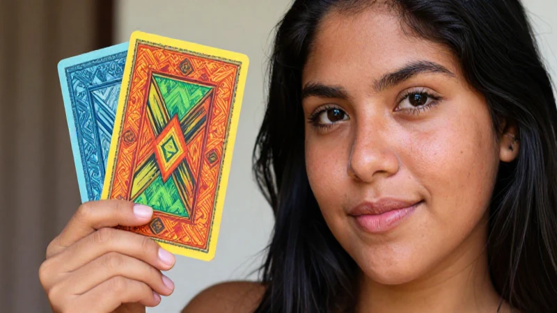 Joven mestiza sostiene una tarjeta Vexi