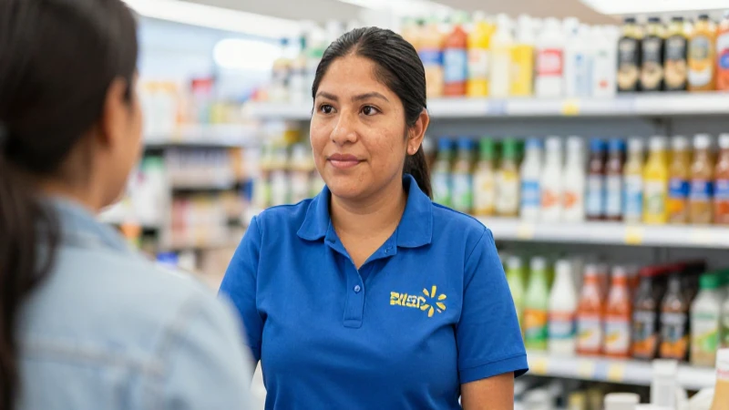 Empleada mexicana ayuda a un cliente en Walmart