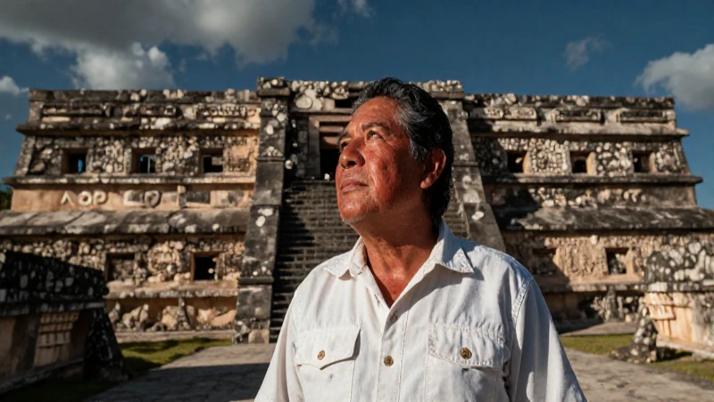 Mexicano contempla ruinas aztecas bajo luz dramática