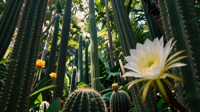 Selva mágica, flores y cactus vibrantes