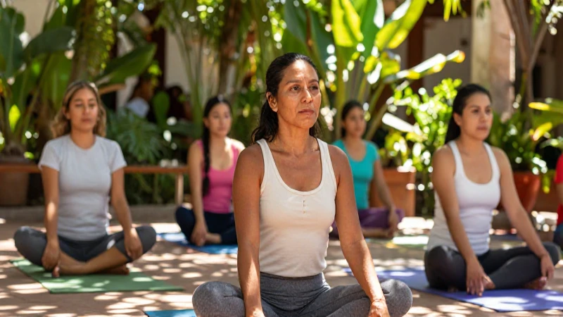Dónde practicar Yoga y Pilates en San Cristóbal de las Casas 6 Grupo de yoga en un patio mexicano soleado